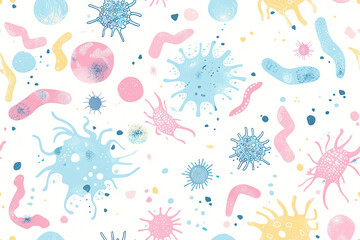 pattern with viruses and microbes on white background
