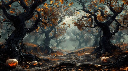 spooky halloween forest with scary black trees and pumpkin
