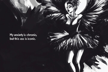 A black and white drawing of a can-can dancer highlights her gluteus, accompanied by the caption, "My anxiety is chronic but this ass is iconic."