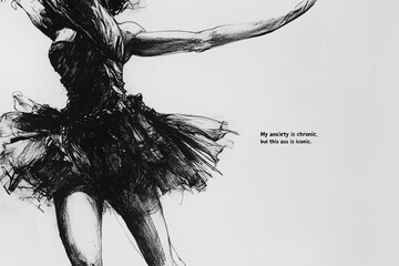 A black and white drawing of a can-can dancer highlights her gluteus, accompanied by the caption, "My anxiety is chronic but this ass is iconic."