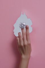 A hand  with a large diamond ring against a pink pastel background, with a white cutout in the center adding a collage-style effect.Minimal creative fashion jewelry concept.Copy space.