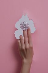 A hand  with a large diamond ring against a pink pastel background, with a white cutout in the center adding a collage-style effect.Minimal creative fashion jewelry concept.Copy space.