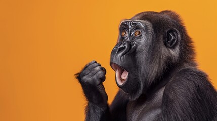 A gorilla with its mouth open in surprise stands with its fist raised in front of an orange background