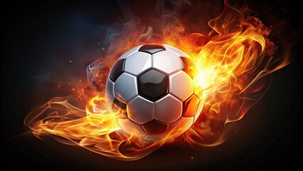 Fototapeta premium Flaming soccer ball with a bold, Modern logo emblazoned on its surface, set against a dark background, symbolizing passion, energy, and competitive spirit.