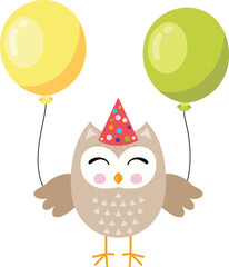 Cute happy birthday owl with two balloons