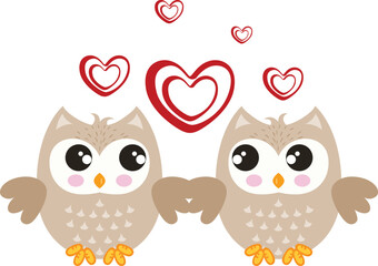 Cute owls in love with hearts