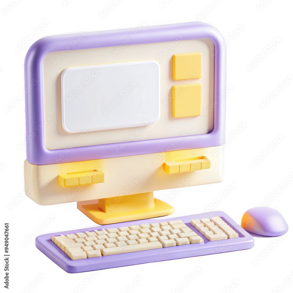 Poster a colorful 3d rendering of a computer with an attached keyboard and mouse, featuring a stylish desig