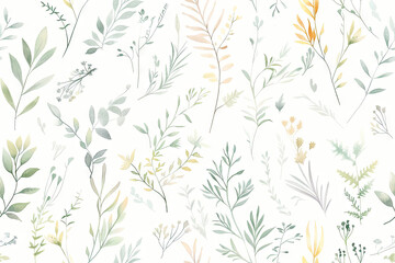 Watercolor pattern of twigs and leaves on a light background.