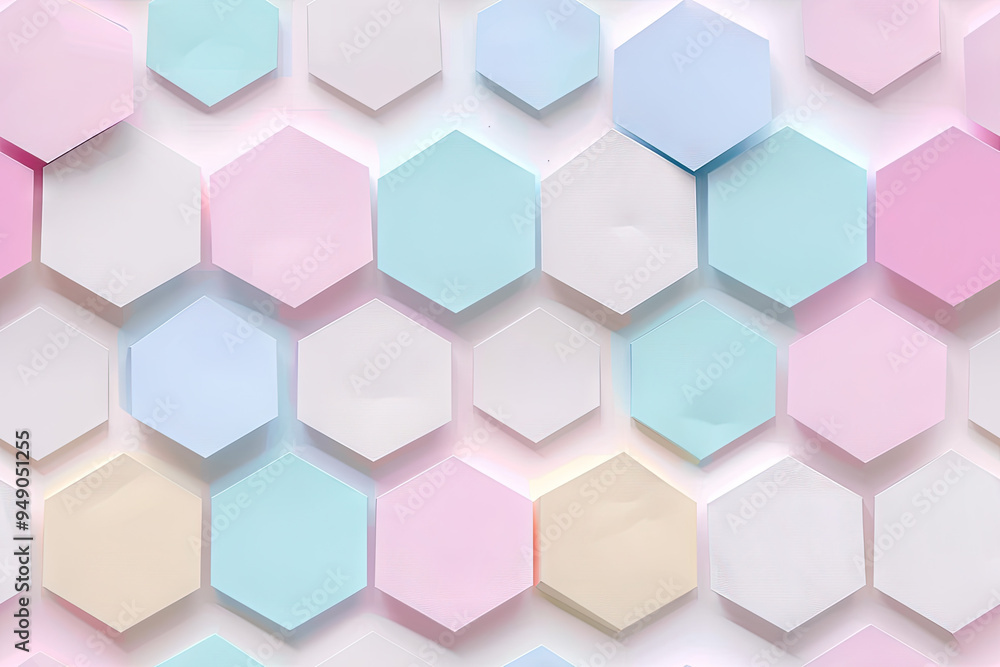 Poster pastel colored hexagons on white background arranged in geometric pattern.