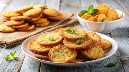 Freshly baked cookies, crispy and warm, nestled beside a stack of crunchy potato chips on a clean white plate, inviting a sweet and salty snack.