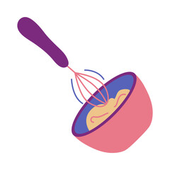 Mix Dough with Whisk in deep bowl. Prepare dish for bakery, confectionery. Kitchen utensils for whipping. Cooking. Culinary device. Isolated on white background. Flat style. Color Vector illustration.