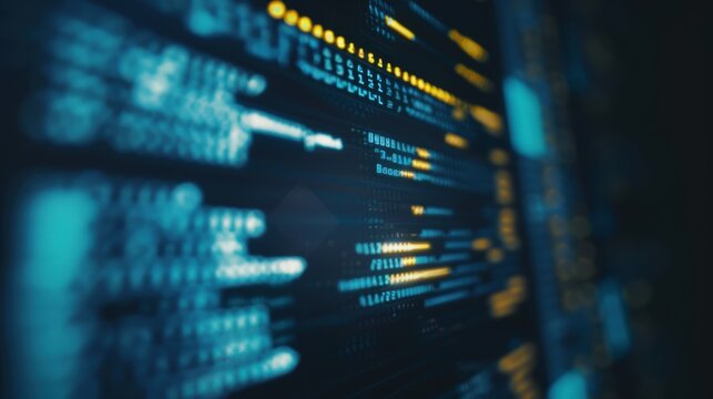 Programming code running and scrolling on a computer screen with selective focus