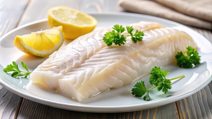 Freshly caught cod fish fillet on a white plate, glistening with moisture, showcasing its firm white flesh and subtle flaky texture, ready for cooking.