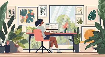 Flat illustration of an office space with a woman sitting at her desk, surrounded by framed artwork and plants Generative AI