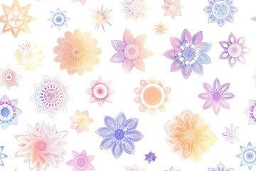 Abstract flowers and floral patterns in pastel colors on a white background.