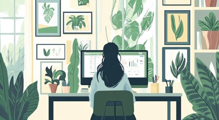 Flat illustration of an office worker sitting at her desk, surrounded by framed art on the wall and potted plants on shelves Generative AI
