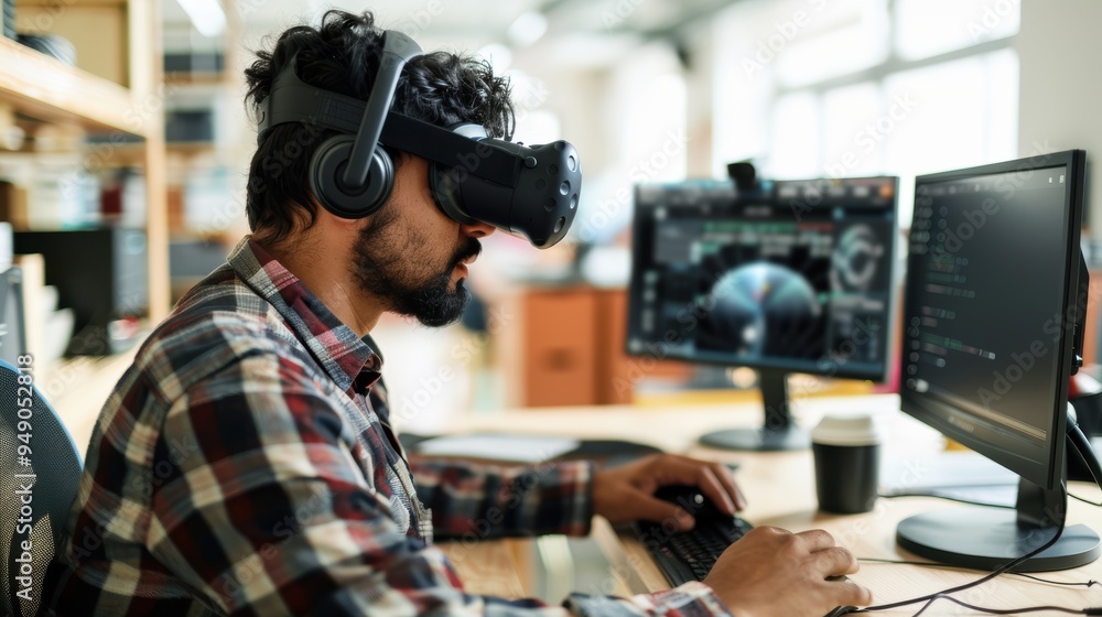 Aufkleber software engineer working with virtual reality headset in the office