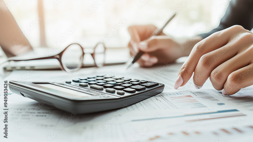 Poster efficient financial analysis. a professional at work, meticulously calculating budget forecasts usin