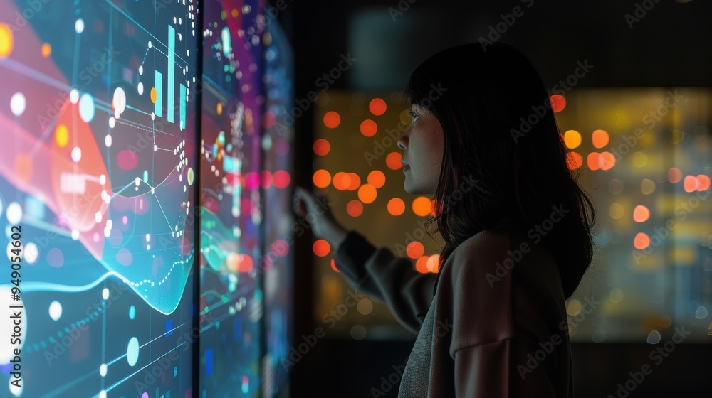 Poster businesswoman analyzing data on interactive touchscreen display