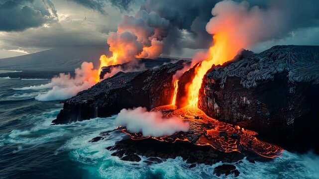 Volcanic eruption with flowing lava at coastline, dramatic natural phenomenon. Geology and earth science concept.