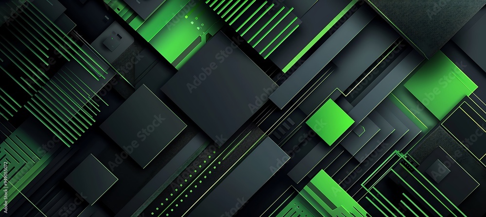 Poster an abstract background of green and black geometric patterns, symbolizing the swirl of modern techno