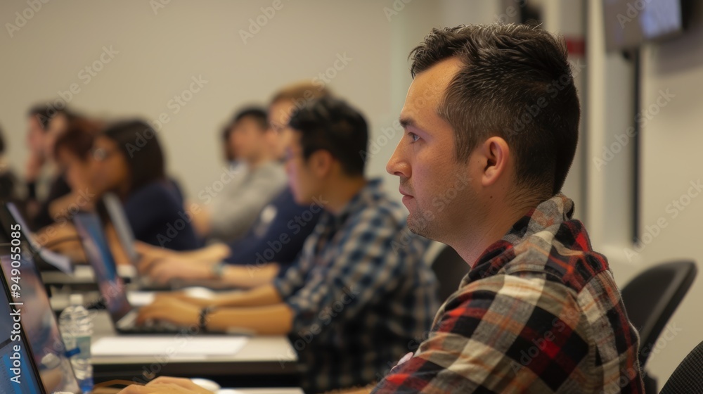 Poster focused college student listening to professor lecture in computer class