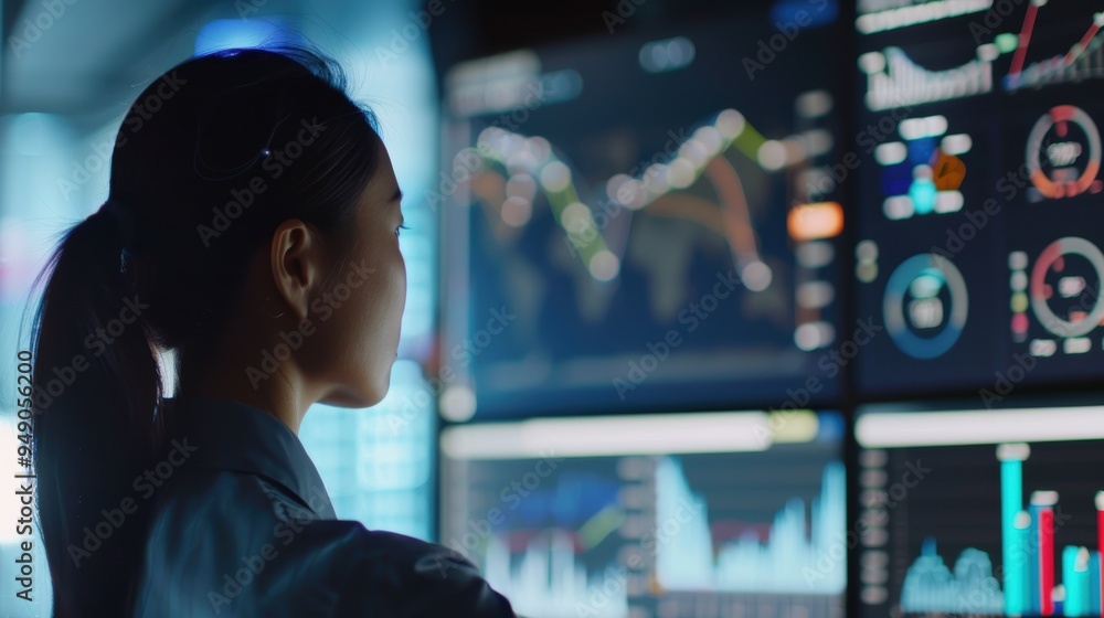 Poster businesswoman analyzing data on multiple monitors showing charts and graphs