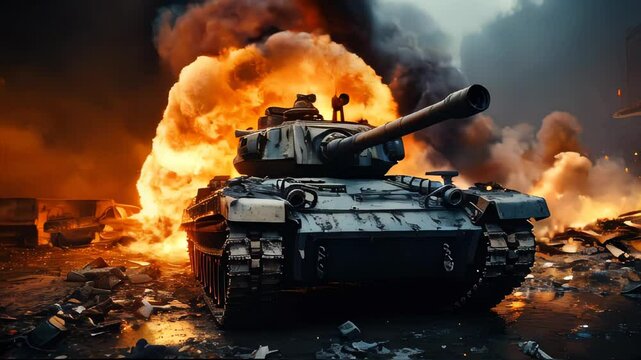 A tank driving through a destroyed city street, with smoke and destruction in the background