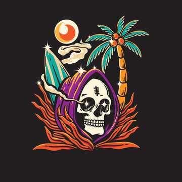 recommend clip art: vector illustration of Skull summer beach t-shirt graphic design, hand drawn line with digital colorful