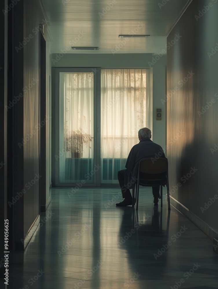Poster an elderly individual sits quietly in a nursing home hallway, surrounded by empty space and a soft l