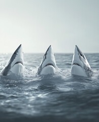 Fototapeta premium Three white shark heads protrude above the water with an ocean background in a print advertisement.