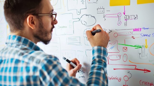 Software developer drawing software architecture on whiteboard using colorful markers