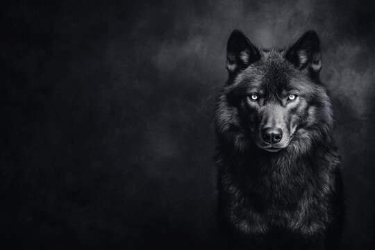 A captivating portrait of a black wolf with piercing eyes, set against a dark, moody background.