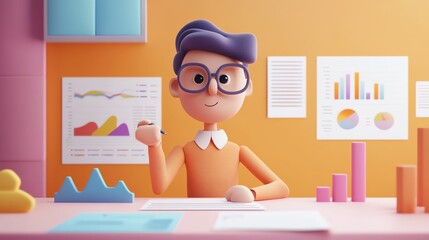 Business report analysis, person reviewing charts and graphs, illustration