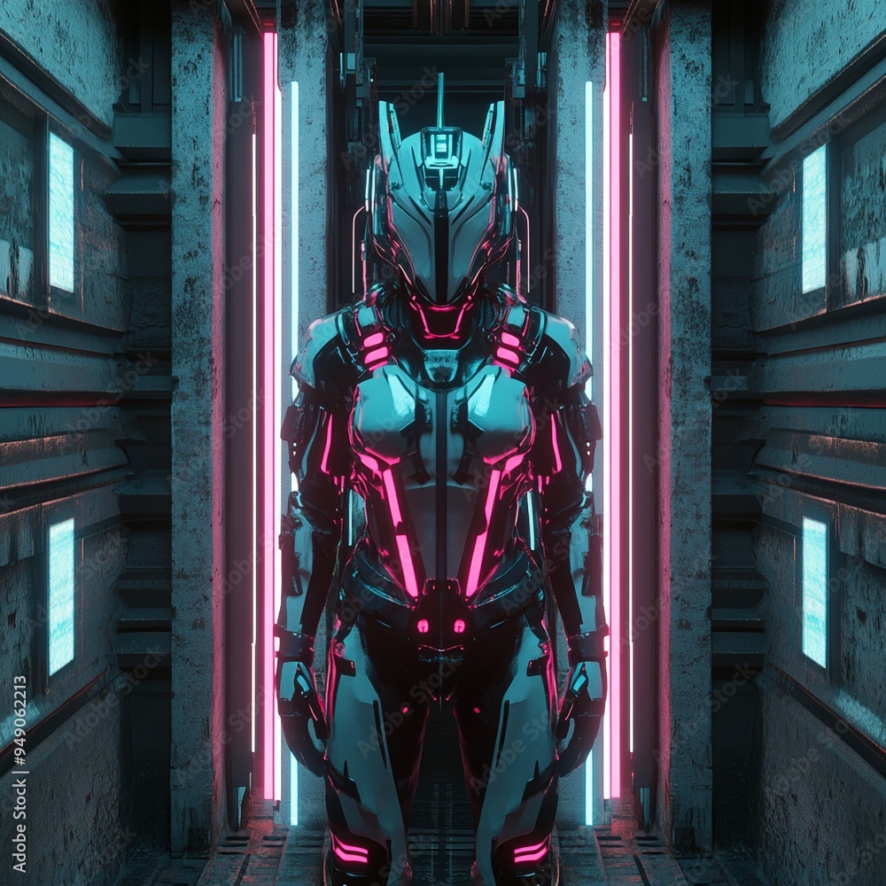 Wall mural cyberpunk dreams reloaded features an illustration of a metallic humanoid cyborg inside a neon-lit c