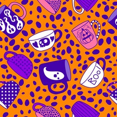 Halloween monsters seamless cups with ghost and skulls and candy pattern