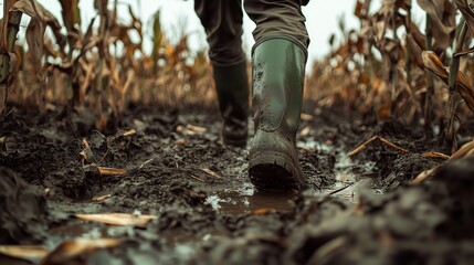 Farmer in rubber boots walking through a corn field in the mud close-up of his legs Generative AI