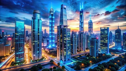 Glowing neon circuits and LED lights illuminate a sleek, high-tech cityscape at dusk, with modern skyscrapers and towering structures piercing the vibrant, electric blue sky.