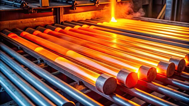 Glowing metal rods undergo high-temperature thermal processing in a state-of-the-art industrial furnace, showcasing advanced material heat treatment techniques for enhanced strength and durability.