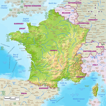 France physical map with national borders, rivers and lakes, mountains, parks, labeling
