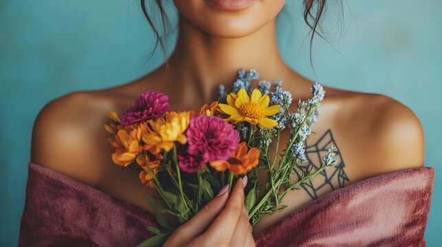 Woman in an off-shoulder pink robe holding a bouquet of colorful flowers with a geometric tattoo on her chest