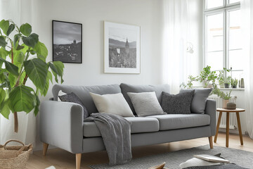 Cozy Scandinavian-style living room with a gray fabric sofa, light wood furniture, and soft, neutral tones