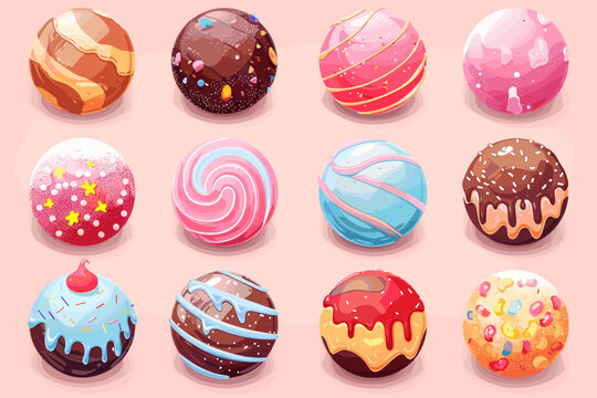 Set of chocolate candies with different fillings, vector illustration.