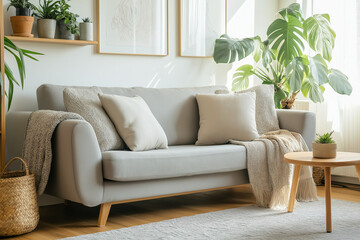 Fototapeta premium Cozy Scandinavian-style living room with a gray fabric sofa, light wood furniture, and soft, neutral tones