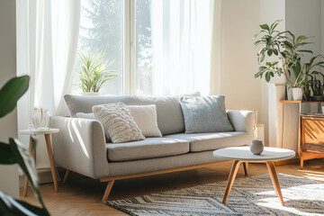 Cozy Scandinavian-style living room with a gray fabric sofa, light wood furniture, and soft, neutral tones