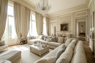 Elegant living room with a cream-colored linen sofa, crystal chandelier, and classic, timeless decor