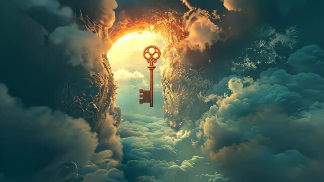 Golden key floating among mystical clouds, fantasy concept.