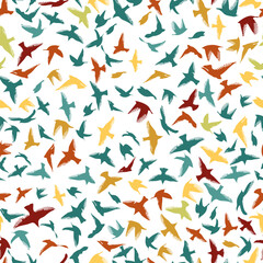 Seamless background colored birds. hand drawing. Not AI. Vector illustration.