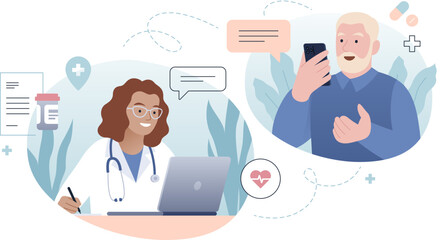 Online doctor appointment. Telehealth or telemedicine isolated illustration. Elderly man and female therapist. Medical consultation and healthcare service through mobile application and laptop.