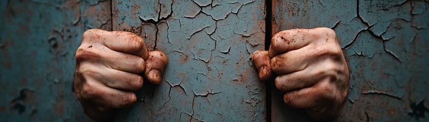 A close-up view of hands gripping a weathered wooden surface, symbolizing struggle and confinement.